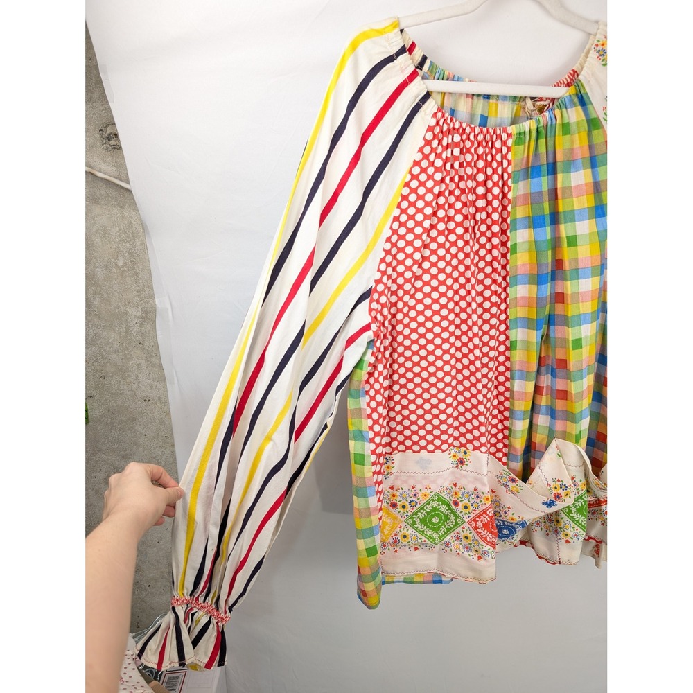 Vintage 70s Handmade Patchwork Utility Shirt Sz L Multicolor Peasant Cottagecore - Picture 3 of 9